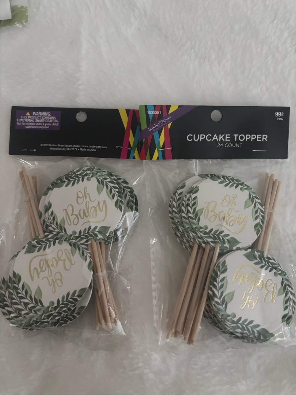 Oh Baby Green Leaf Cupcake Toppers - Gold Script 24 Count) FREE GIFT Final Sale